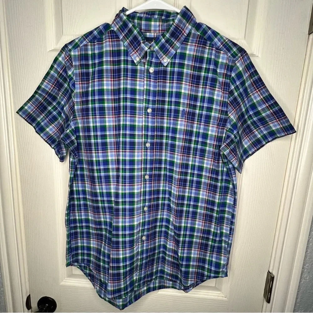 Ralph Lauren Button Down Short Sleeve Blue Plaid Boys Preppy Casual Shirt Sz XL